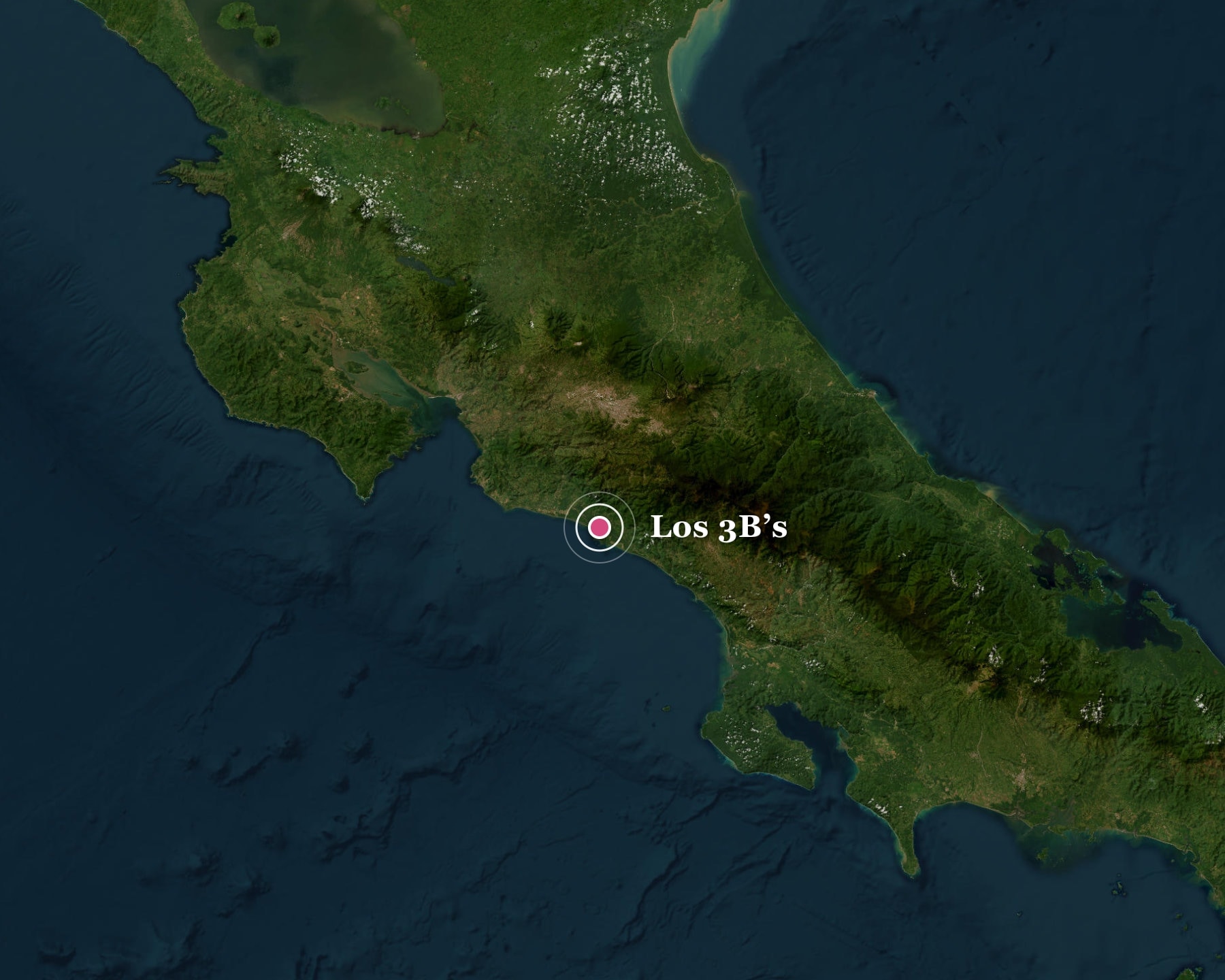 Satellite view of Costa Rica showing the Pacific and Caribbean coasts, with a pin marking Los 3B's at Manuel Antonio