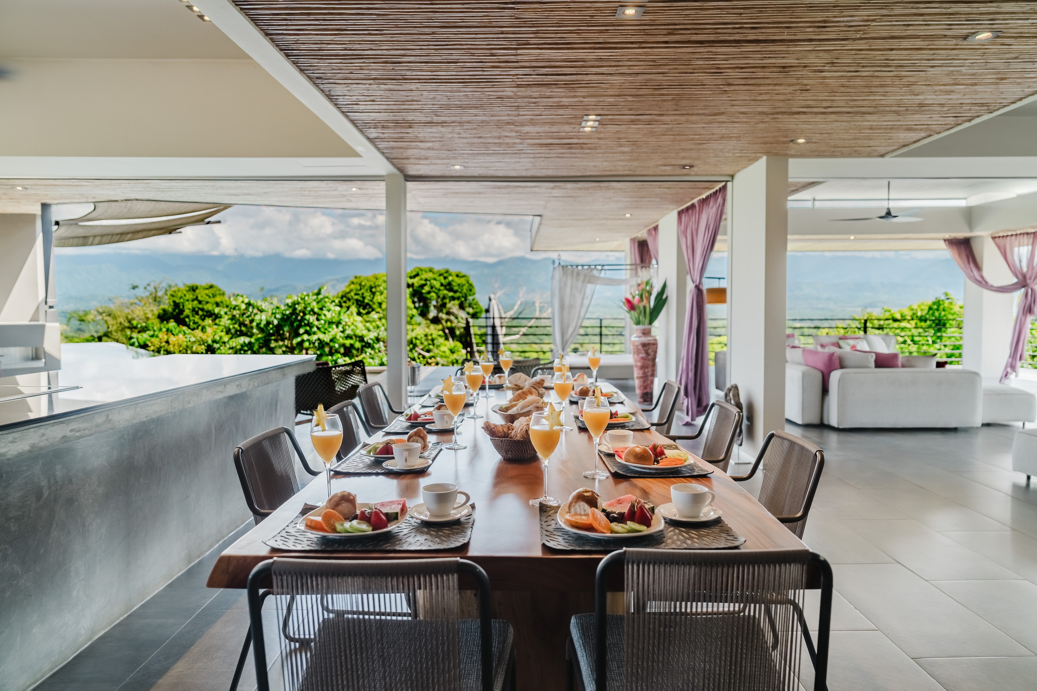 Dining for ten, mountains beyond